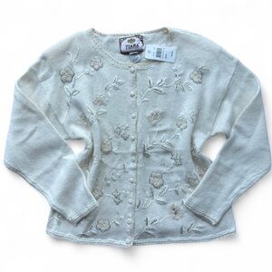 Tiara Vintage NWT Ramie Cotton Ivory Floral Embroidered Bridal Cardigan Large